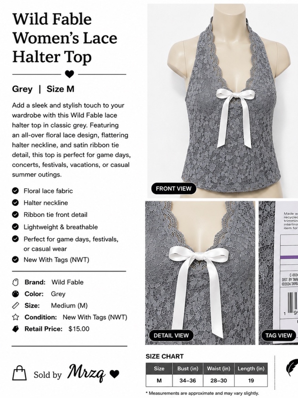 wild fable Grey Lace Halter Bandeau with White Ribbon